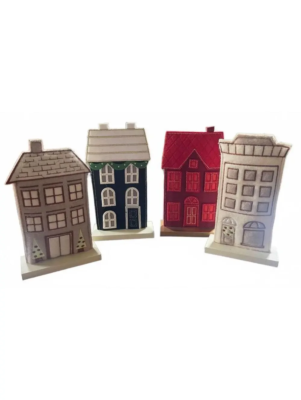 Set of 4 Decorative Felt House Figurines on Wooden Bases